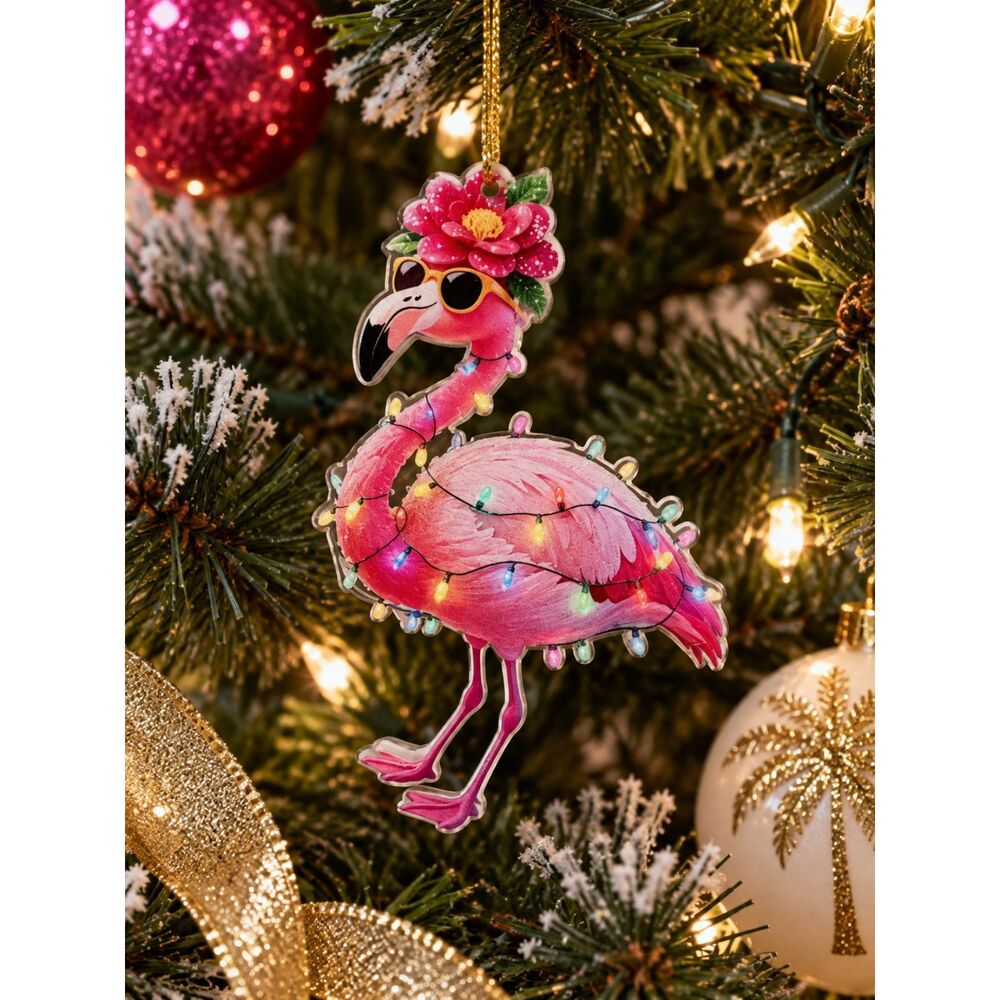 Pink Flamingo Christmas Ornament Tropical Holiday Lights 3"